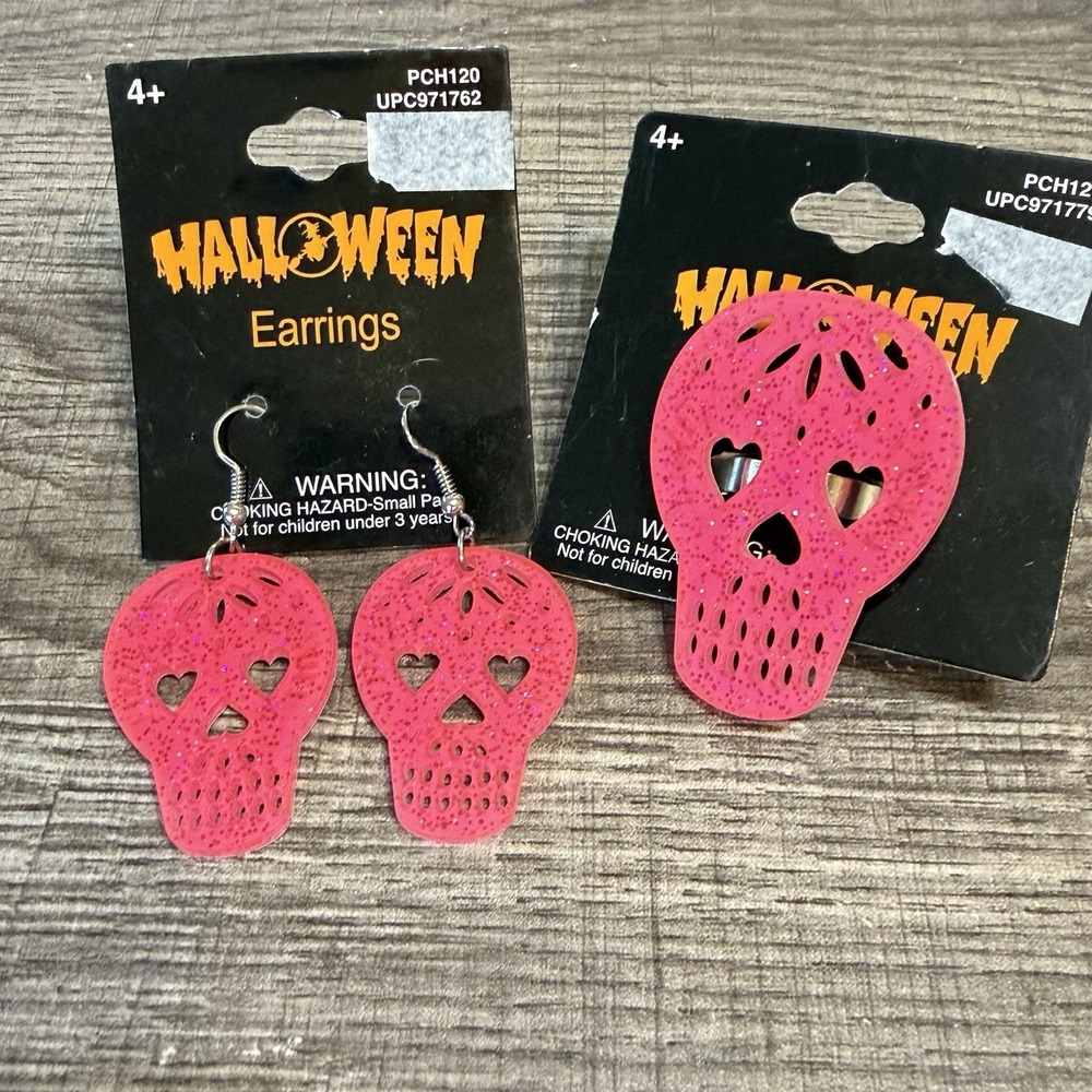 Halloween Pink Glitter Skull Dangle Earrings & Ring Cosplay Costume Jewelry NEW